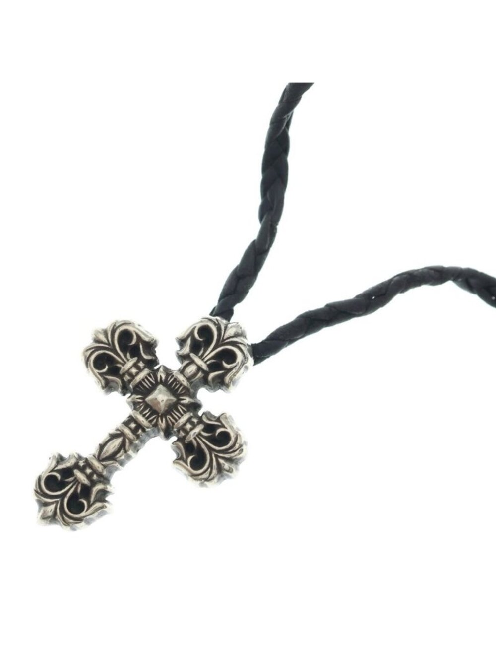 Chrome Hearts Filig Cross Xsm LB Filigree XS Leather Braid Necklace Silver